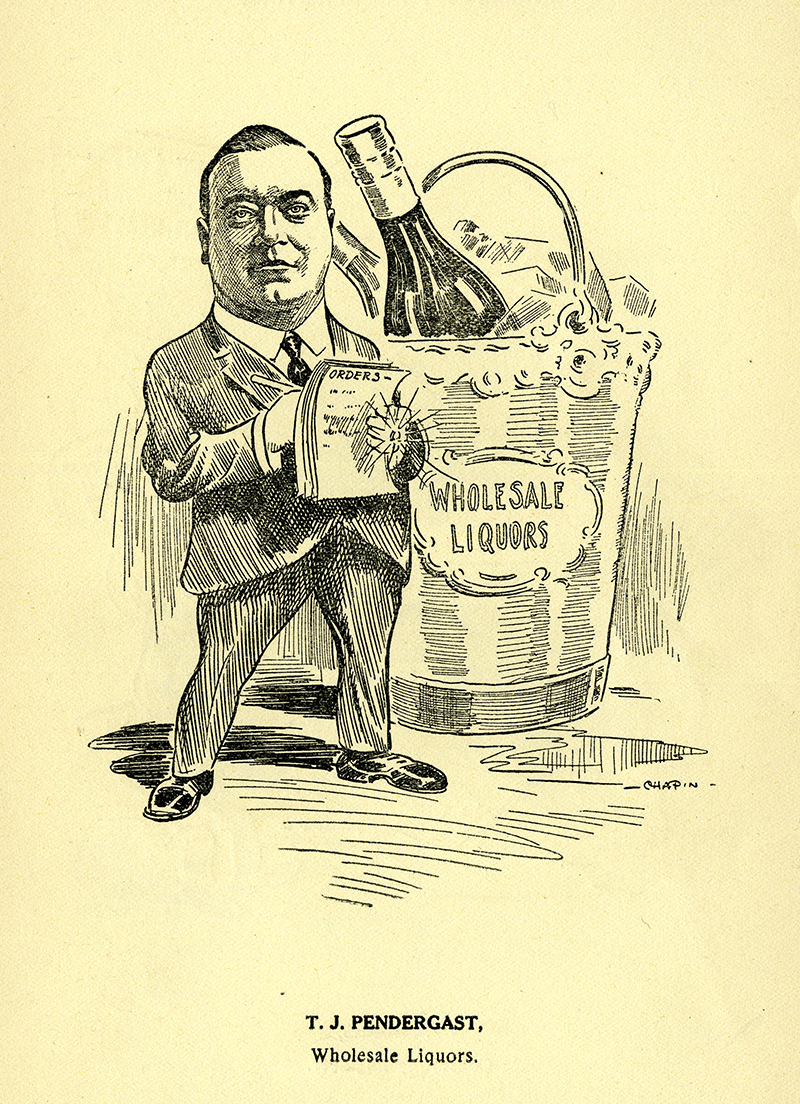 Drawing of Thomas J. Pendergast. Tom Pendergast is shown running his wholsale liquors business.